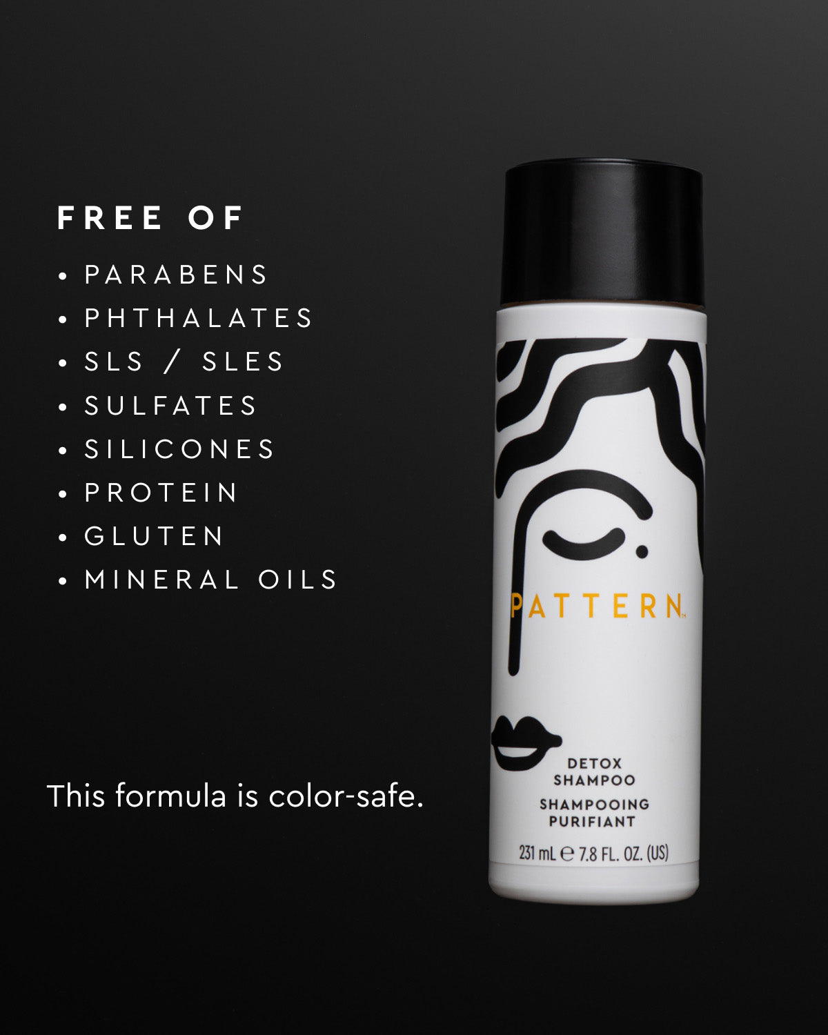 Pattern brand Detox Shampoo bottle on a dark background with text listing free ingredients and stating the formula is color-safe.