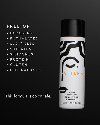 Pattern brand Detox Shampoo bottle on a dark background with text listing free ingredients and stating the formula is color-safe.
