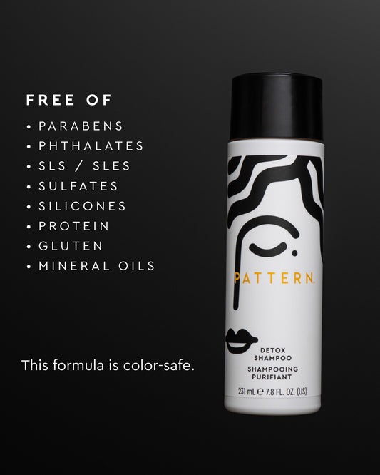Pattern brand Detox Shampoo bottle on a dark background with text listing free ingredients and stating the formula is color-safe.