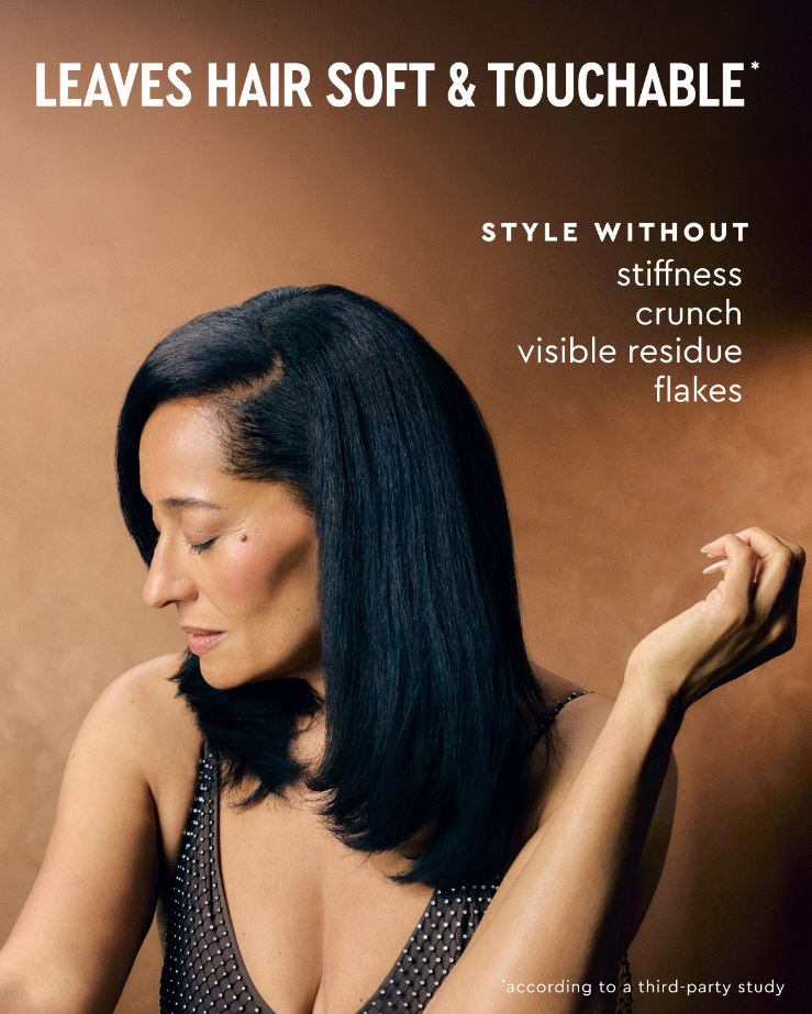 Flexible Hold Spray - PATTERN Beauty Flexible Hold Spray ad featuring a woman with sleek black hair and soft, touchable hold messaging.