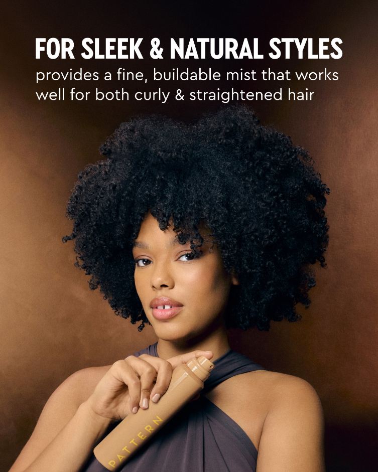 Flexible Hold Spray - PATTERN Beauty by Tracee Ellis Ross Flexible Hold Spray ad featuring a model with voluminous curls and a gold spray bottle.