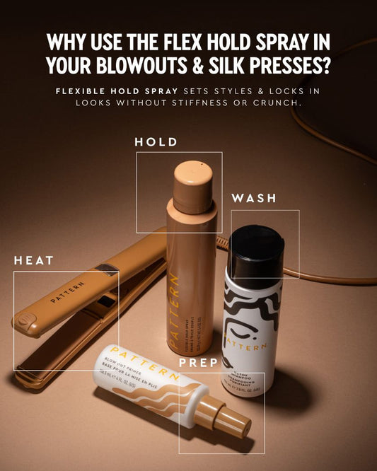 Flexible Hold Spray - PATTERN Beauty Flex Hold Spray with a tan cap and clear bottle, displayed with styling tools and hair products.