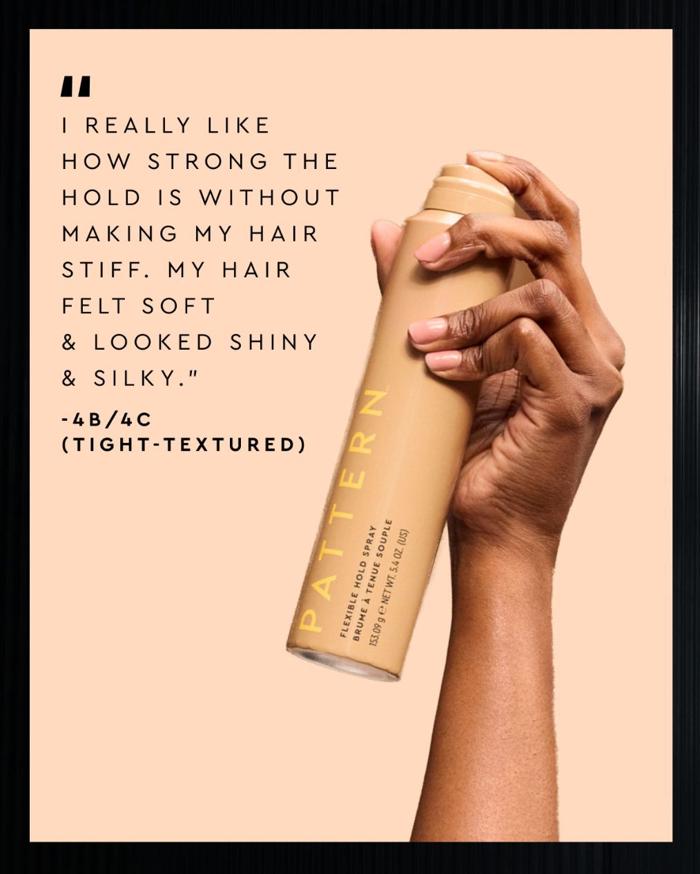 Flexible Hold Spray - Hand holding a gold PATTERN Beauty Flexible Hold Spray can against a peach background, with a black text panel.