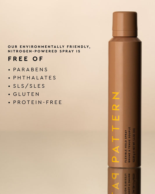 Flexible Hold Spray - Brown PATTERN by Tracee Ellis Ross Flexible Hold Spray bottle with a matching cap and gold lettering beside a list of its.