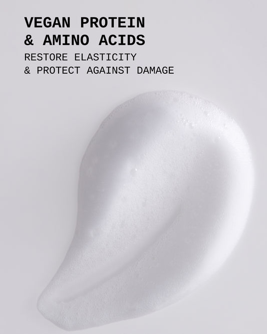 Repair360®  Leave-in Foam - White whipped foam texture swatch labeled vegan protein and amino acids by PATTERN Beauty.