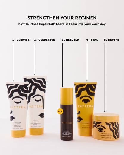 Repair360®  Leave-in Foam - PATTERN Beauty Repair360® Leave-in Foam with matching shampoo, conditioner, scalp treatment, and hair butter in black,.
