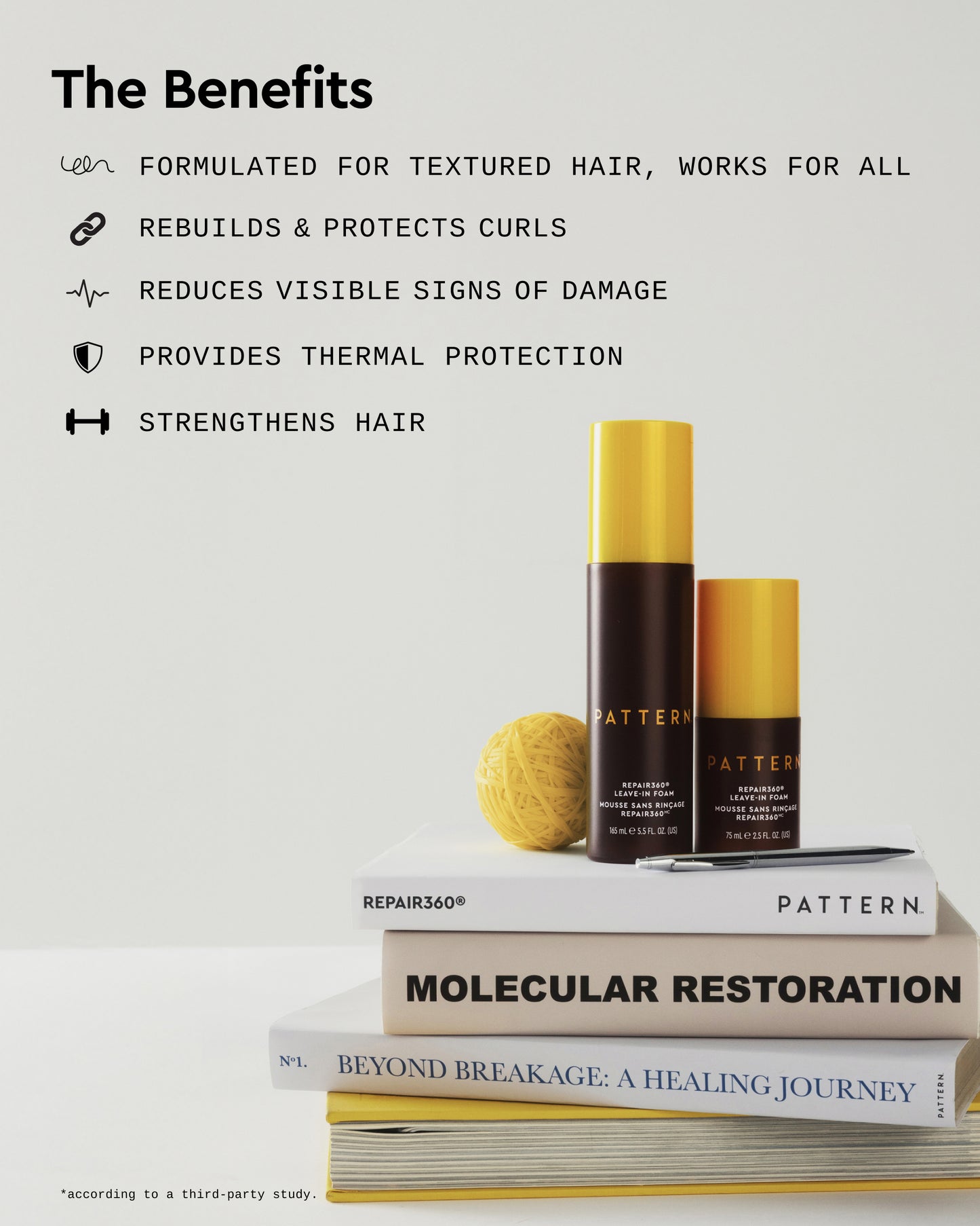 Repair360®  Leave-in Foam - PATTERN Beauty Repair360 Leave-in Foam bottles with styling benefits text and yellow sponge on stacked haircare books.