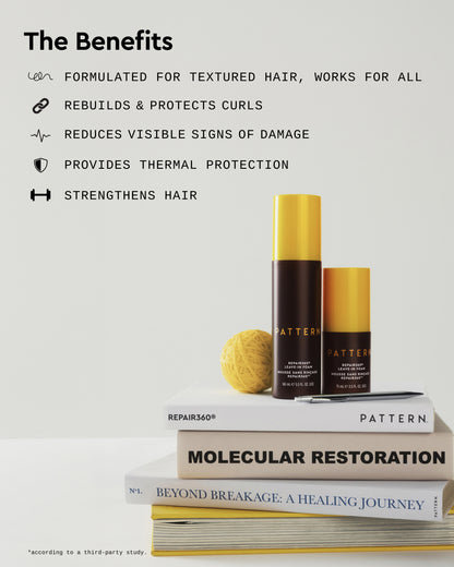 Repair360®  Leave-in Foam - PATTERN Beauty Repair360 Leave-in Foam bottles with styling benefits text and yellow sponge on stacked haircare books.