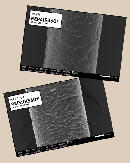 Repair360®  Leave-in Foam - PATTERN Beauty Repair360® Leave-in Foam microscopic before-and-after hair strand comparison showing smoother cuticle layer.