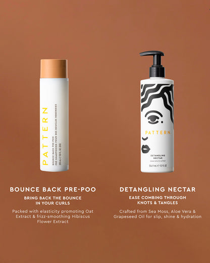 Bounce Back Pre-Poo - White cylindrical bottle with a beige cap labeled Bounce Back Pre-Poo, next to a white pump bottle with black abstract face.