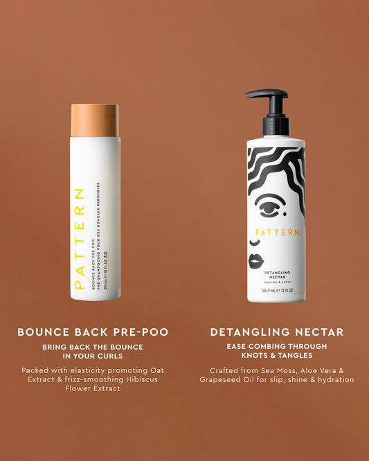 Bounce Back Pre-Poo - White cylindrical bottle with a beige cap labeled Bounce Back Pre-Poo, next to a white pump bottle with black abstract face.