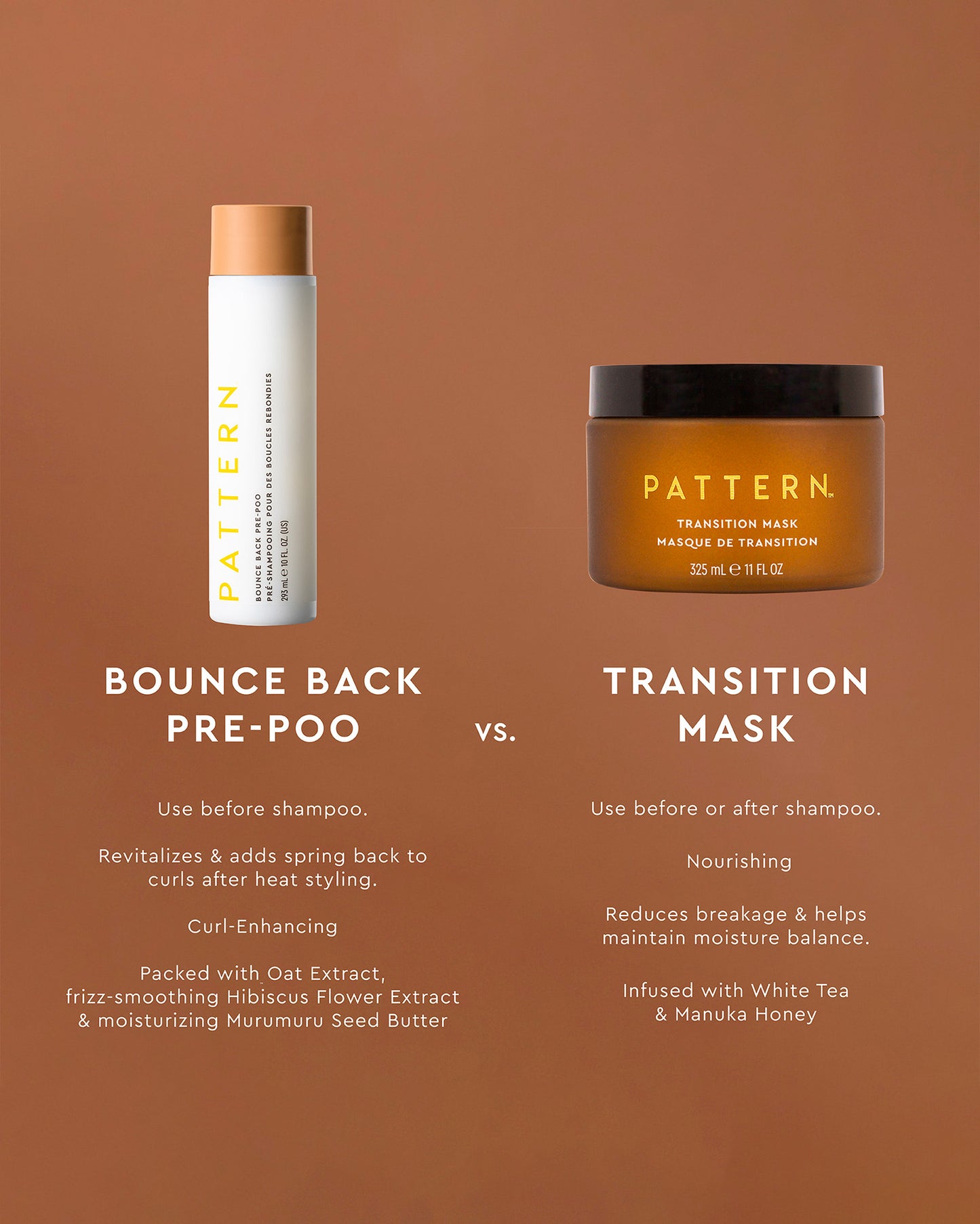 Bounce Back Pre-Poo - Bounce Back Pre-Poo in tall white cylindrical bottle with tan cap, and Transition Mask in a short round amber jar with black