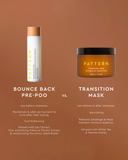 Bounce Back Pre-Poo - Bounce Back Pre-Poo in tall white cylindrical bottle with tan cap, and Transition Mask in a short round amber jar with black