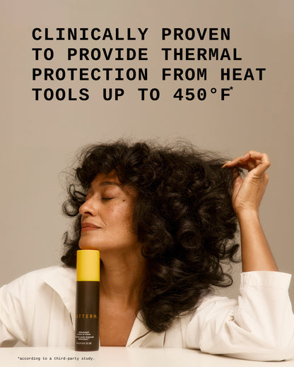 Repair360®  Leave-in Foam - PATTERN Beauty Repair360® Leave-in Foam bottle with yellow cap beside curly woman with voluminous hair.