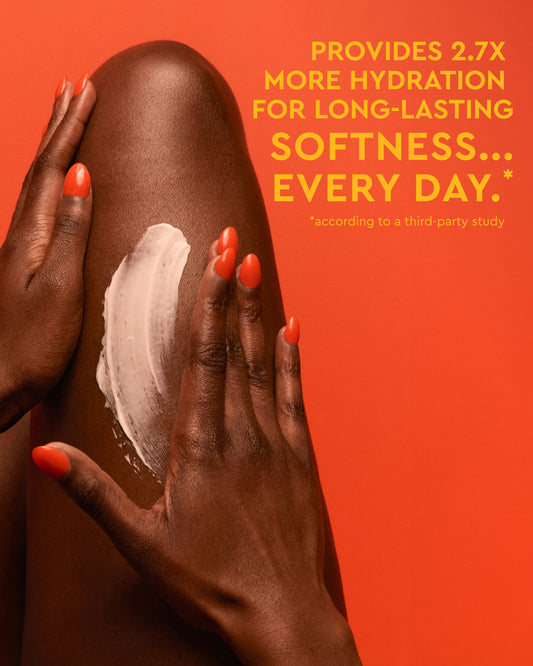 Daily Hydration Body Bundle - PATTERN Beauty by Tracee Ellis Ross Daily Hydration Body Bundle on dark skin with cream applied and orange background text.