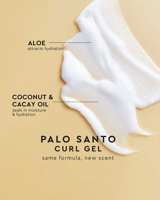 Palo Santo Curl Gel - Palo Santo Curl Gel swatch with creamy white texture, labeled aloe, coconut & cacay oil, PATTERN Beauty by Tracee Ellis Ross.