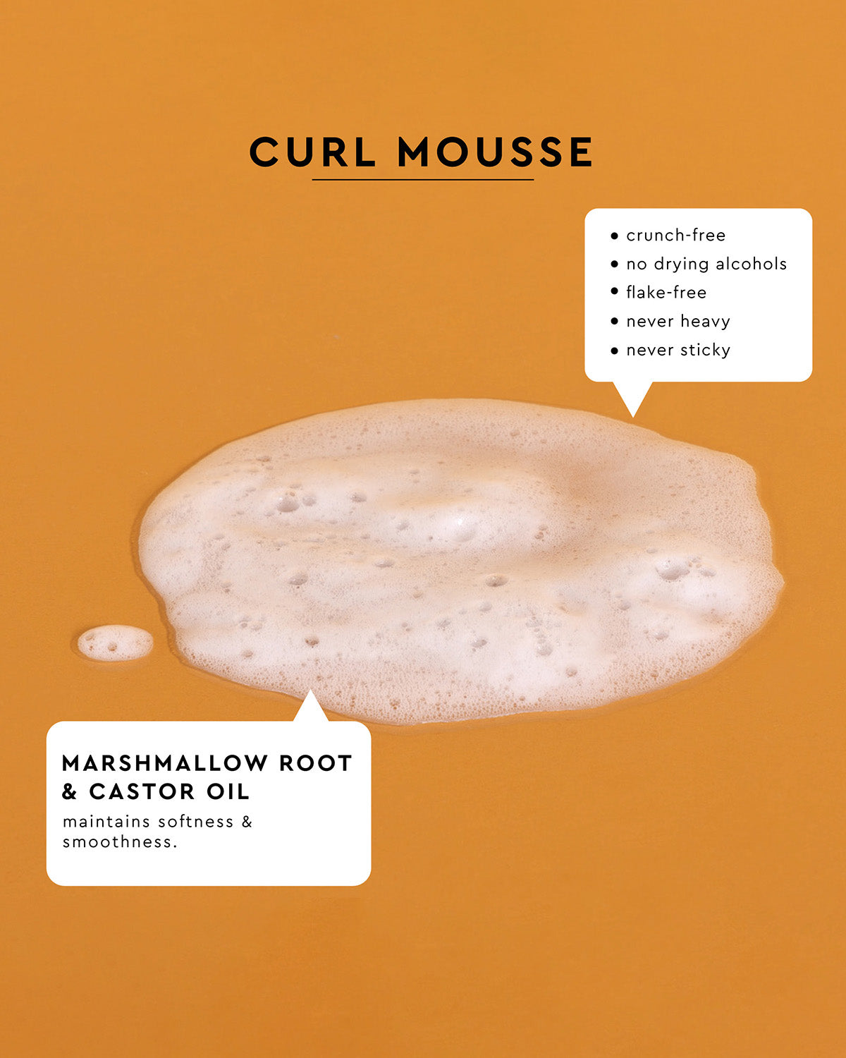 Curl Mousse - White foamy curl mousse with soft bubbles on a mustard-colored surface.