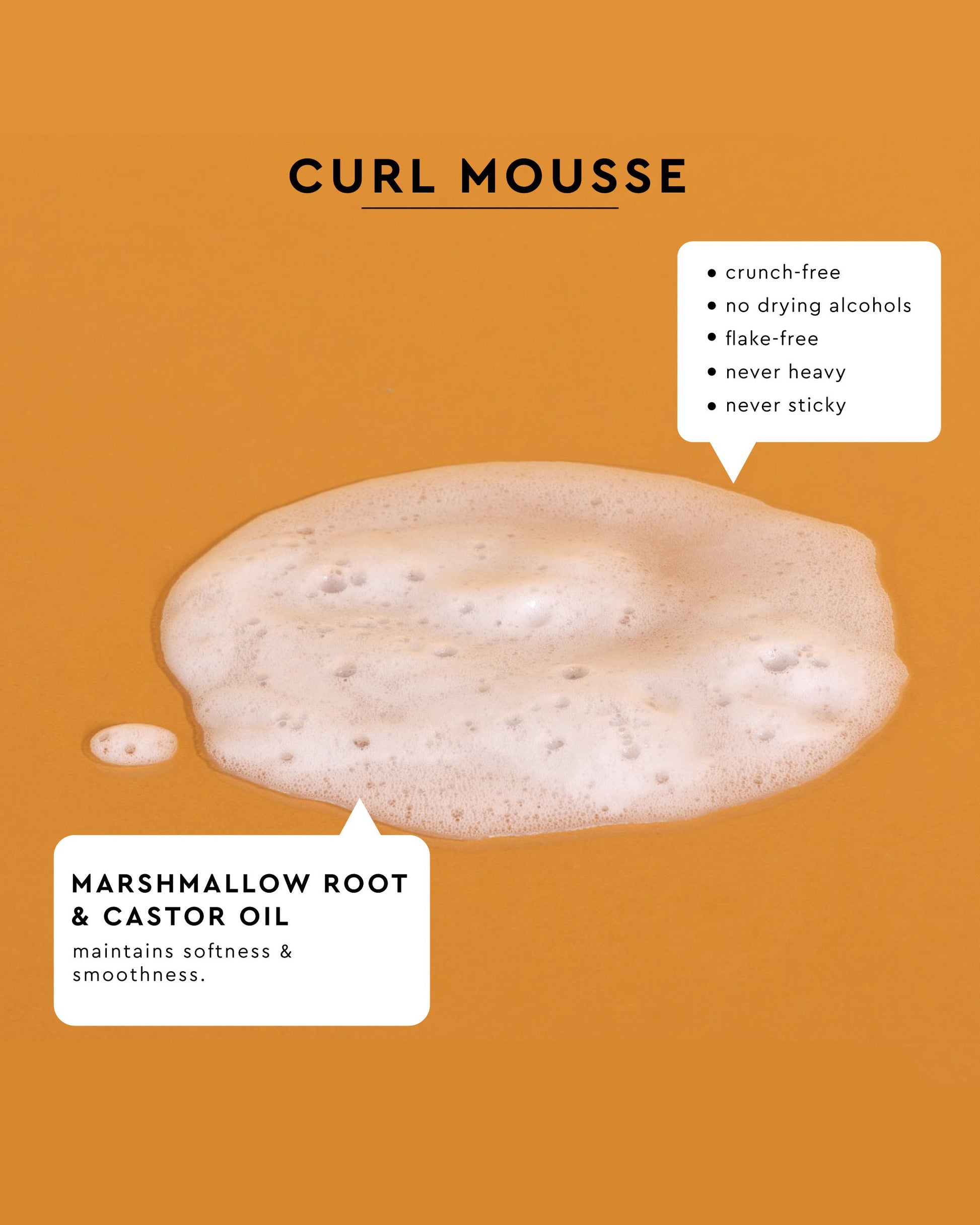 Palo Santo Curl Mousse - White frothy curl mousse foam on orange background with text highlighting marshmallow root and castor oil ingredients.