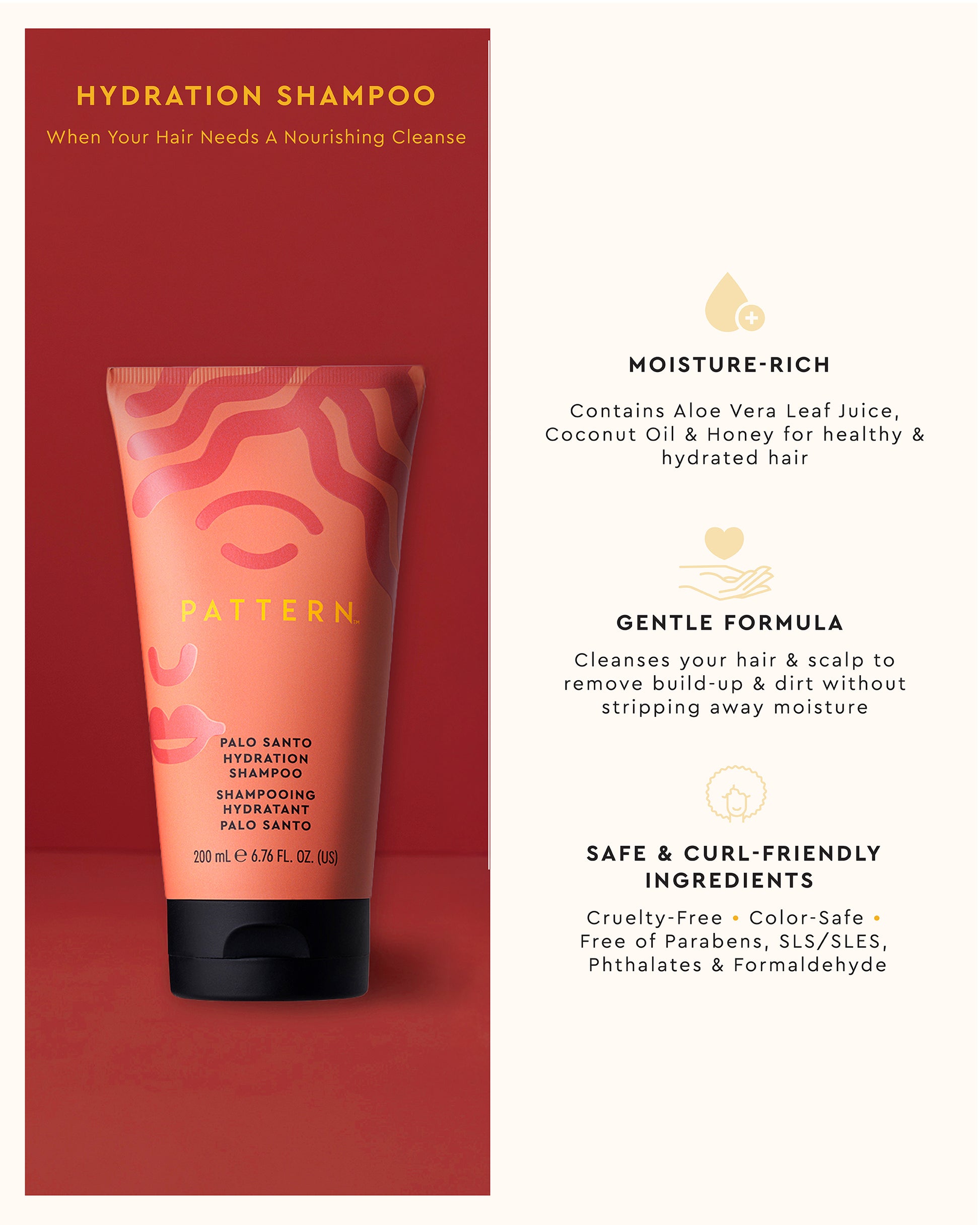 The Palo Santo Coily Starter Bundle - PATTERN Beauty by Tracee Ellis Ross Hydration Shampoo tube with orange-pink swirl design and black cap next to benefits text .
