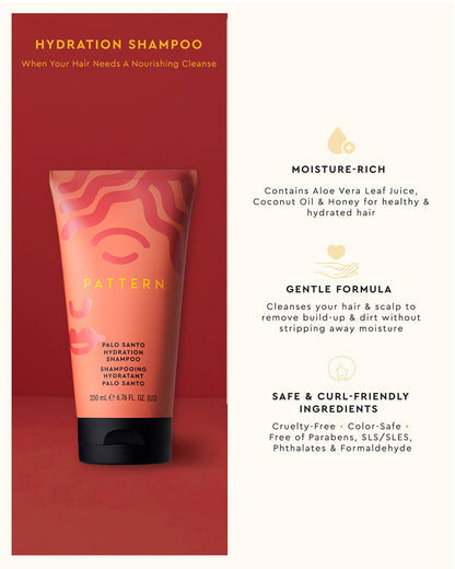 The Palo Santo Coily Starter Bundle - PATTERN Beauty by Tracee Ellis Ross Hydration Shampoo tube with orange-pink swirl design and black cap next to benefits text .
