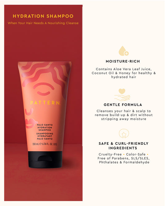 The Palo Santo Coily Starter Bundle - PATTERN Beauty by Tracee Ellis Ross Hydration Shampoo tube with orange-pink swirl design and black cap next to benefits text .