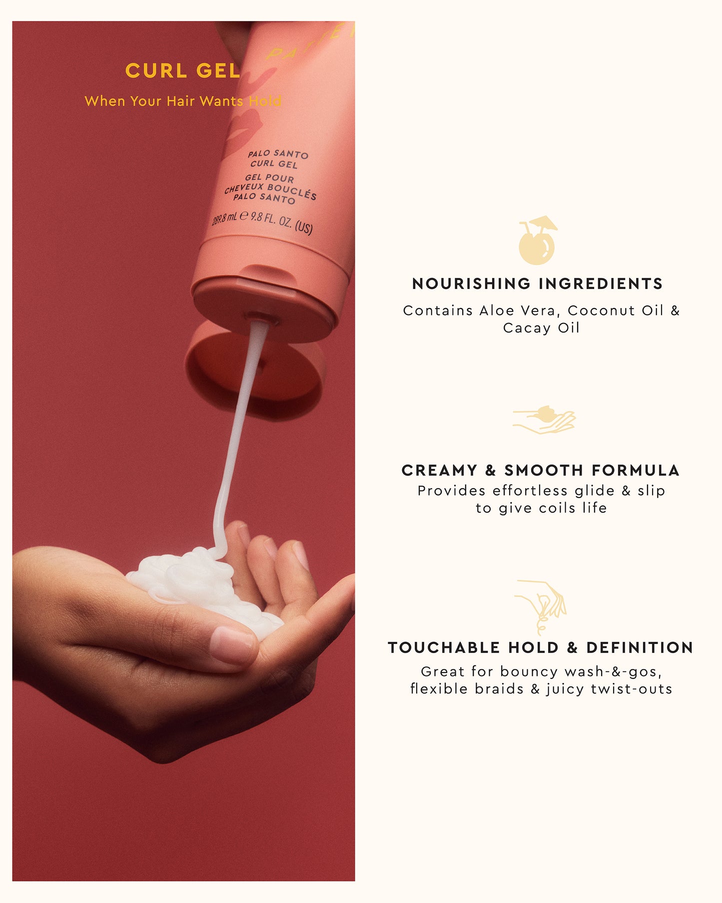 The Palo Santo Curly Starter Bundle - PATTERN Beauty by Tracee Ellis Ross Palo Santo Curly Starter Bundle with curl gel dispensing cream from pink tube onto hand.