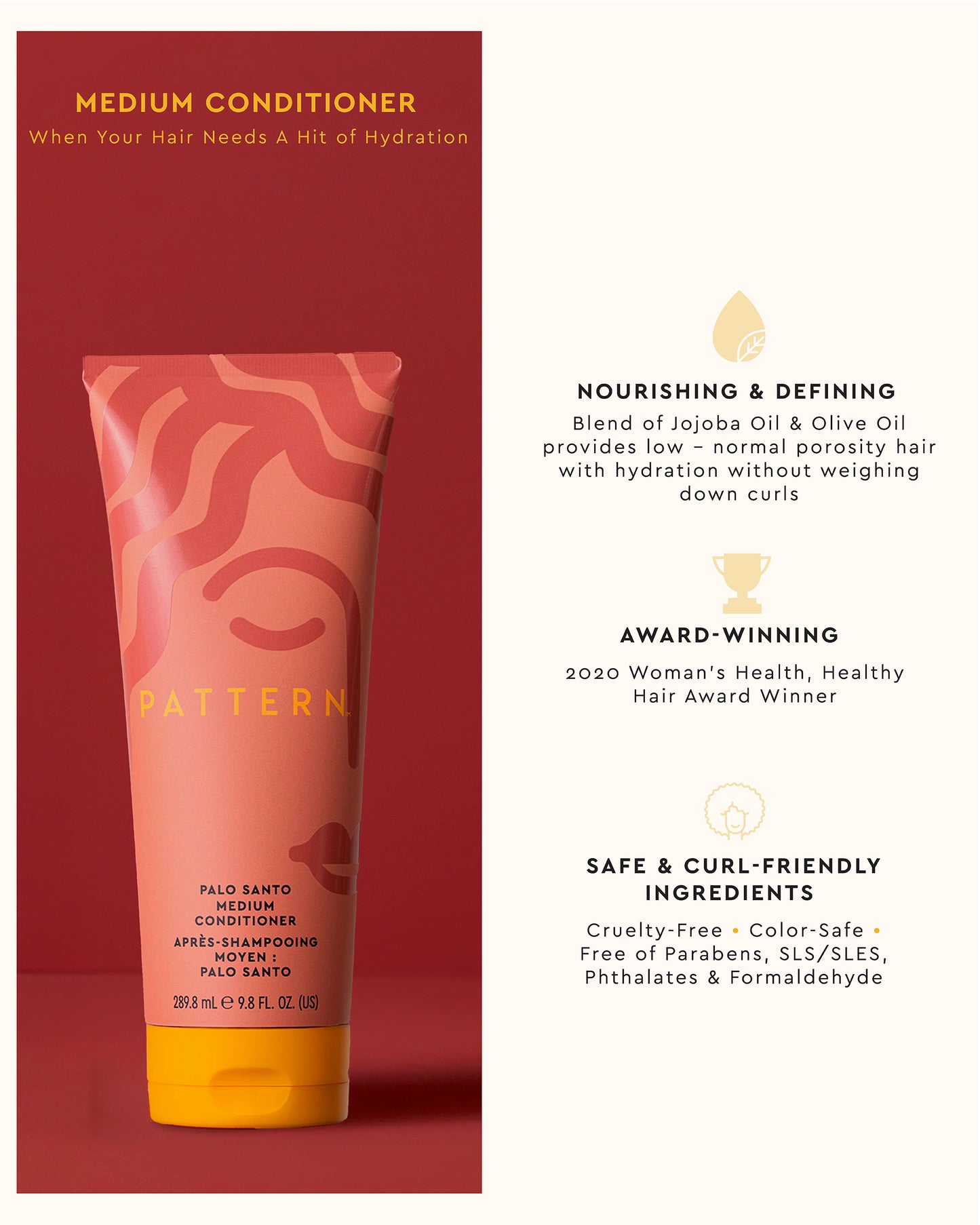 The Palo Santo Curly Starter Bundle - PATTERN Beauty by Tracee Ellis Ross Palo Santo Medium Conditioner tube with abstract coral wave pattern on burnt orange.