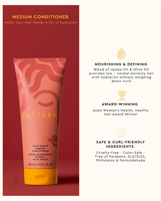 The Palo Santo Curly Starter Bundle - PATTERN Beauty by Tracee Ellis Ross Palo Santo Medium Conditioner tube with abstract coral wave pattern on burnt orange.