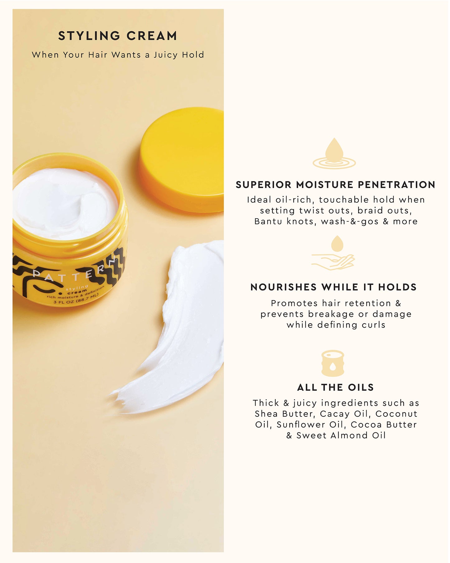 The Tight Texture Starter Bundle - PATTERN Beauty by Tracee Ellis Ross Tight Texture Starter Bundle styling cream jar with smooth white cream and yellow.