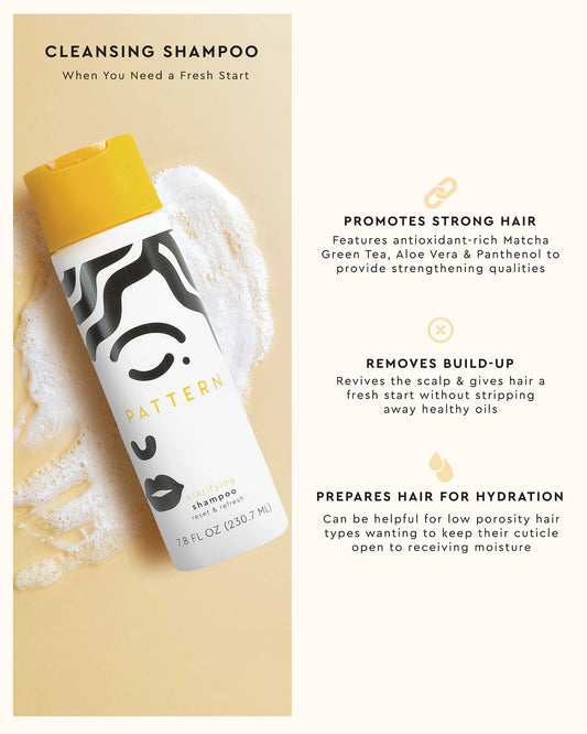 The Palo Santo Curly Starter Bundle - PATTERN Beauty by Tracee Ellis Ross Palo Santo Curly Starter Bundle with black and white patterned shampoo bottle and yellow .