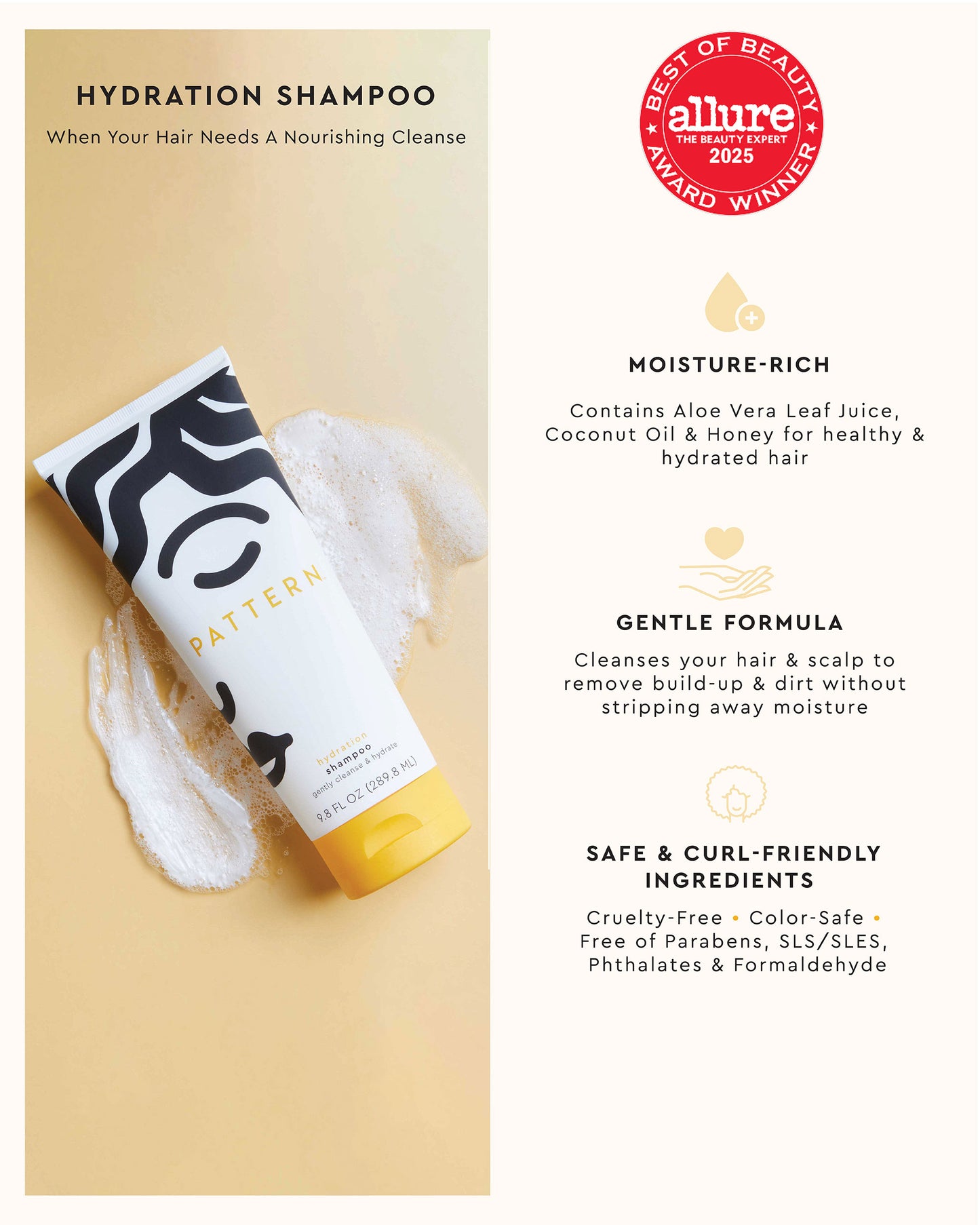 The Tight Texture Starter Bundle - PATTERN Beauty by Tracee Ellis Ross Hydration Shampoo tube with black and white swirl design and cream foam on beige.