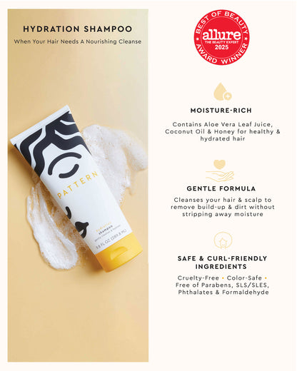 The Tight Texture Starter Bundle - PATTERN Beauty by Tracee Ellis Ross Hydration Shampoo tube with black and white swirl design and cream foam on beige.