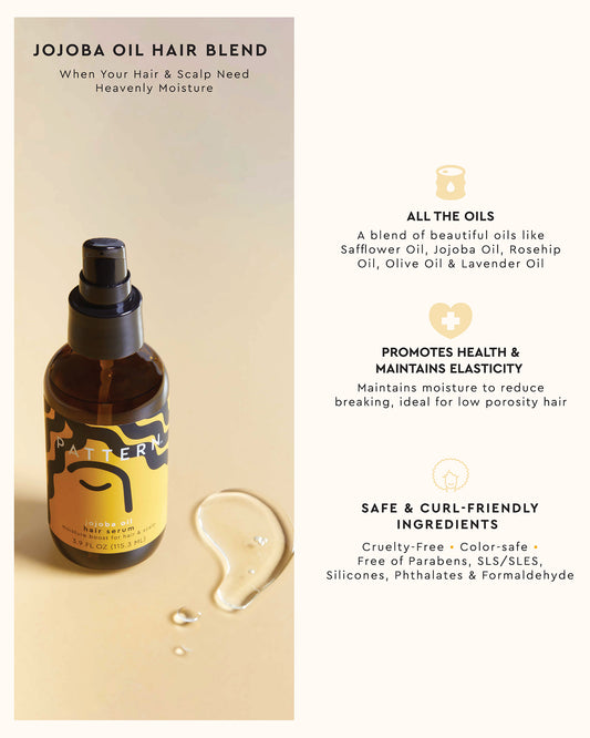 The Tight Texture Starter Bundle - PATTERN Beauty by Tracee Ellis Ross Jojoba Oil Hair Blend bottle with sample droplets on white background.