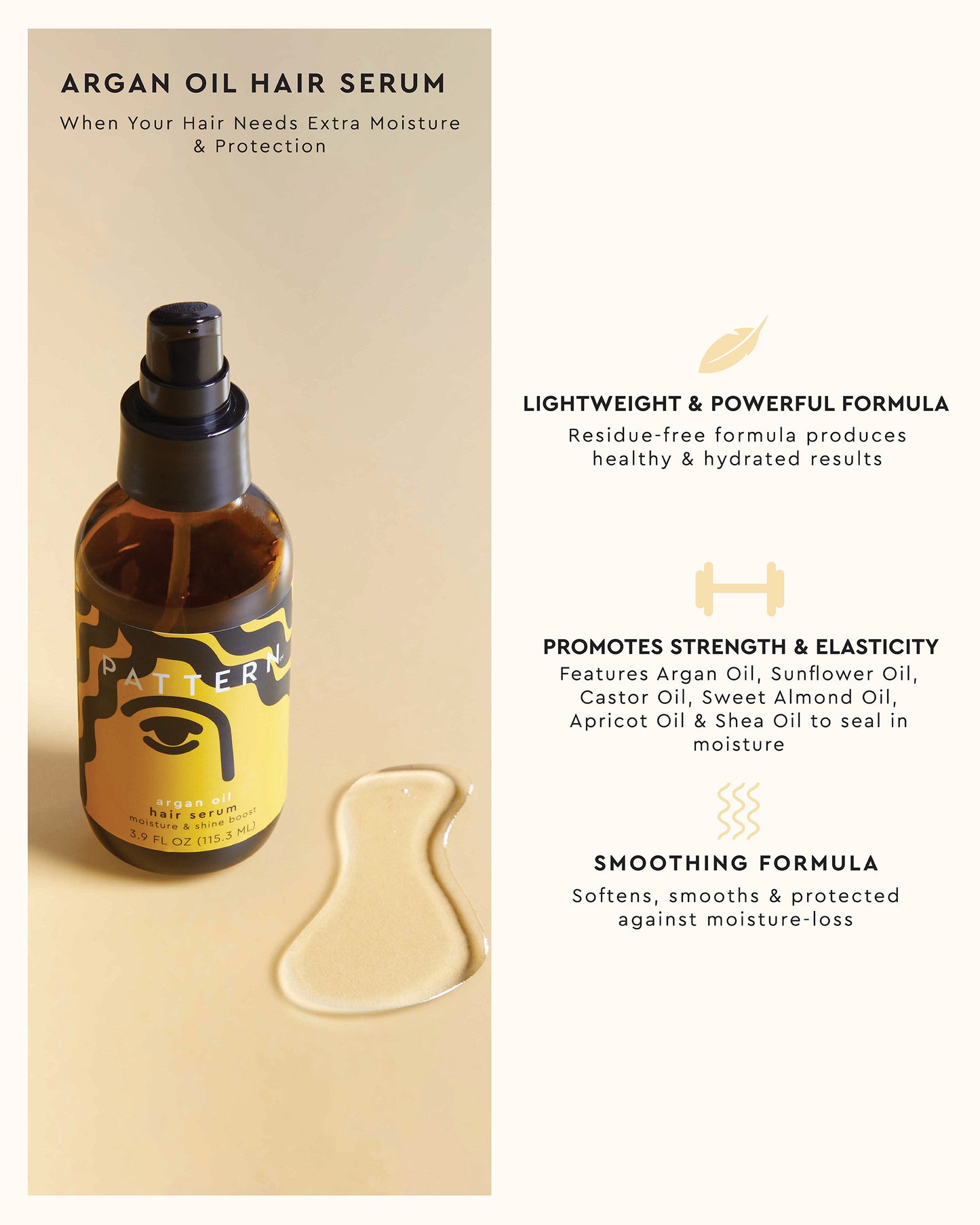 Argan Oil Blend - Amber glass bottle with black pump labeled PATTERN Beauty Argan Oil Hair Serum, next to clear gel applicator spoon on white.