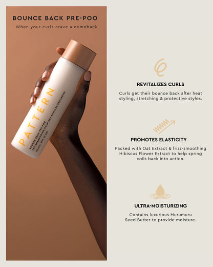 Bounce Back Pre-Poo - Pattern Beauty Bounce Back Pre-Poo white bottle with copper cap and copper lettering held in hand against peach background.