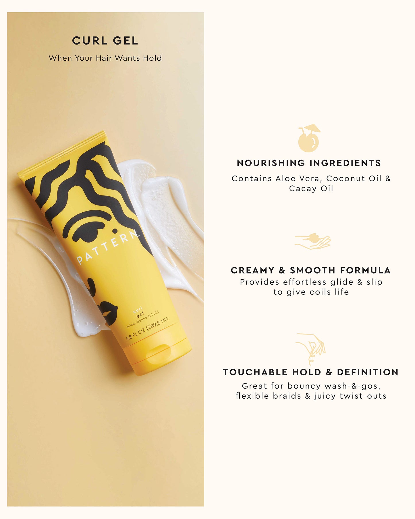 Curl Gel - Yellow tube of PATTERN Beauty Curl Gel with black abstract swirl design on the cap and front, placed next to a white.