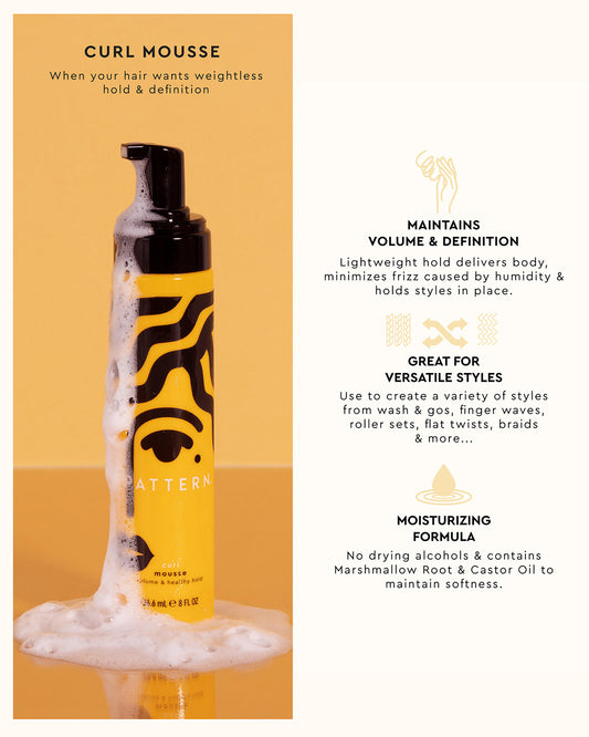 Curl Mousse - Tall cylindrical black bottle with yellow and black wavy pattern and pump dispenser, white mousse overflowing on a yellow.