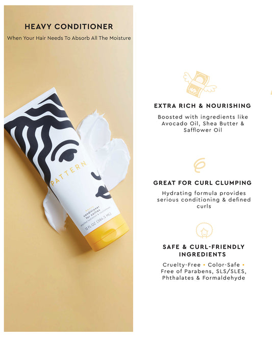 The Palo Santo Coily Starter Bundle - PATTERN Beauty by Tracee Ellis Ross heavy conditioner tube with black, white, and gold abstract face design.