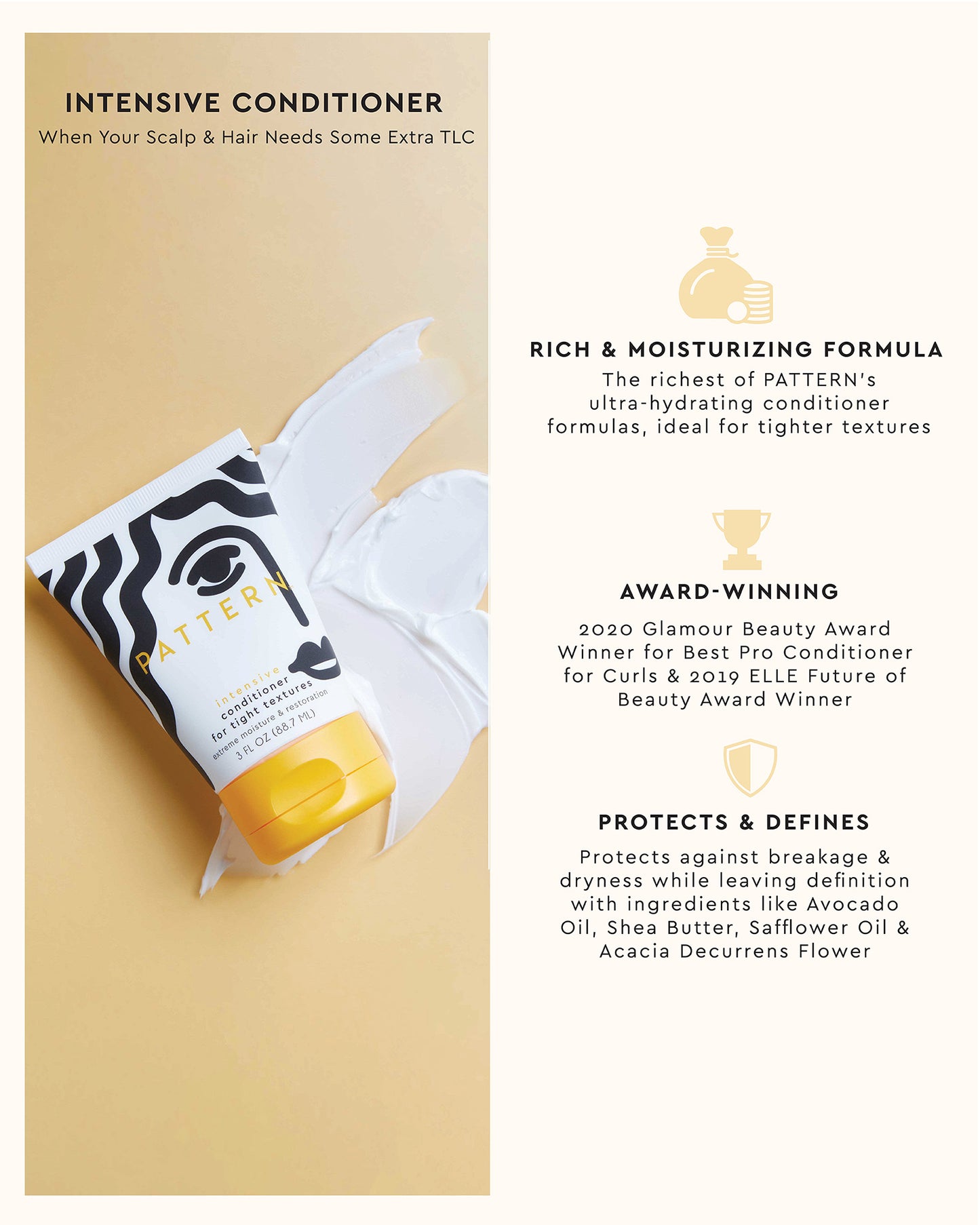 The Tight Texture Starter Bundle - PATTERN Beauty by Tracee Ellis Ross Intensive Conditioner tube with black and yellow swirl design and product benefits text.