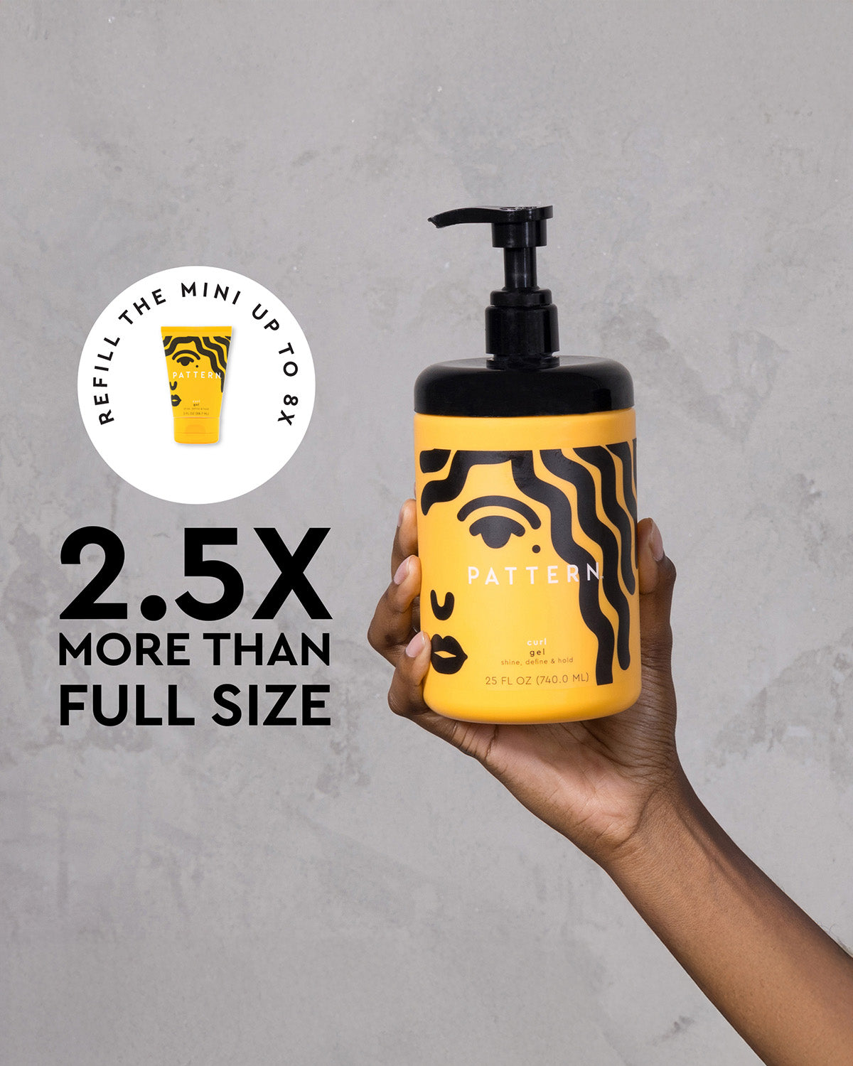 Curl Gel - Yellow and black pump bottle of PATTERN Beauty Curl Gel featuring a stylized face illustration.
