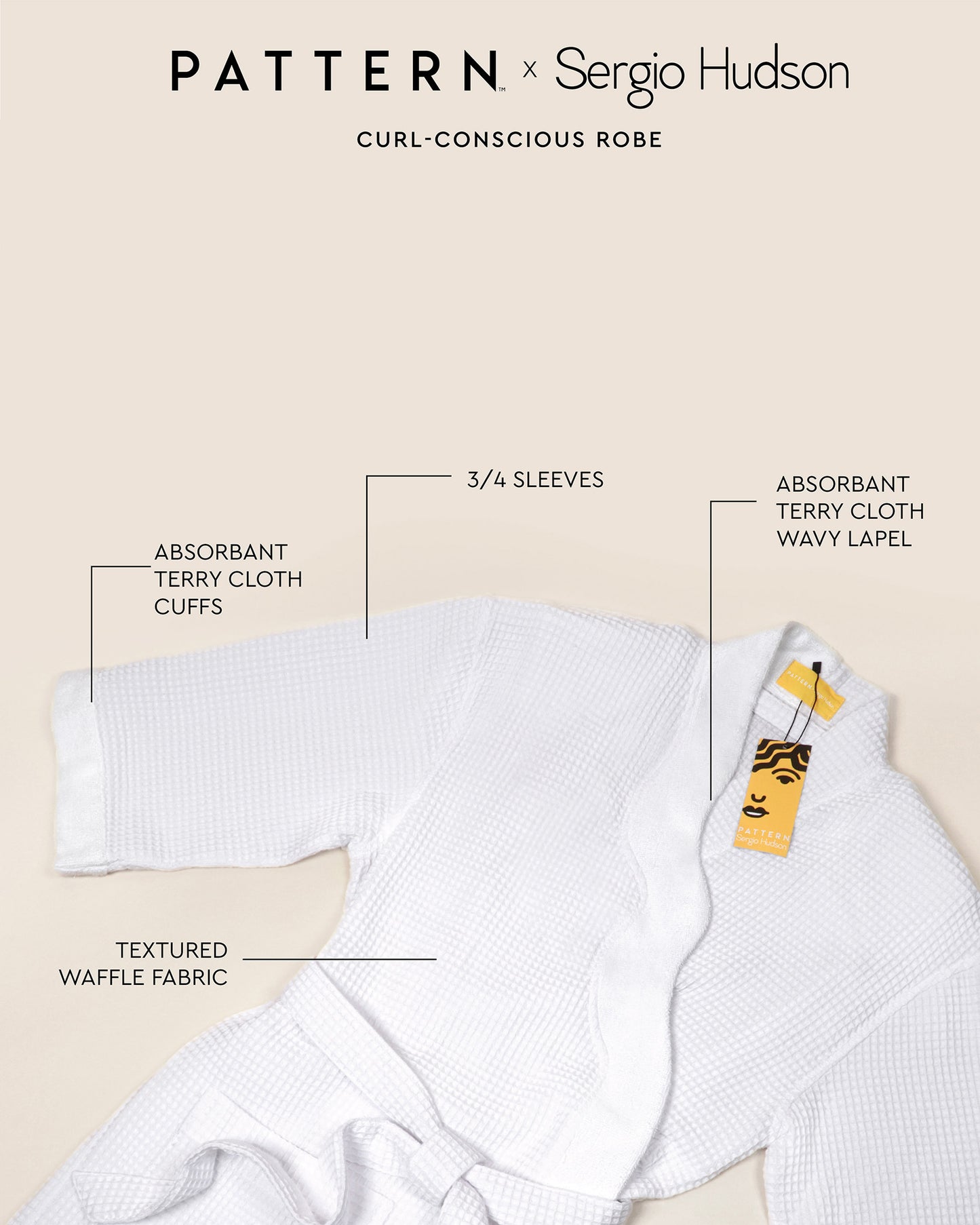 PATTERN x SERGIO HUDSON Curl-Conscious Robe - White waffle-textured robe with 3/4 sleeves, absorbent terry cloth cuffs and wavy lapel, lightweight and cozy.