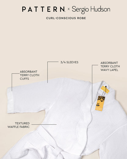 PATTERN x SERGIO HUDSON Curl-Conscious Robe - White waffle-textured robe with 3/4 sleeves, absorbent terry cloth cuffs and wavy lapel, lightweight and cozy.